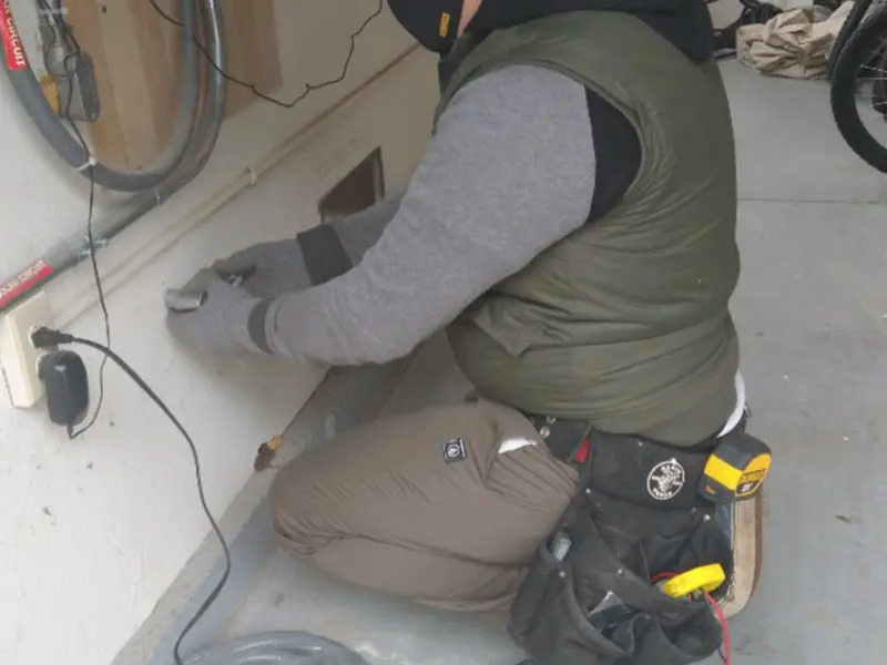 Electrician performing outlet wiring in a Florence garage